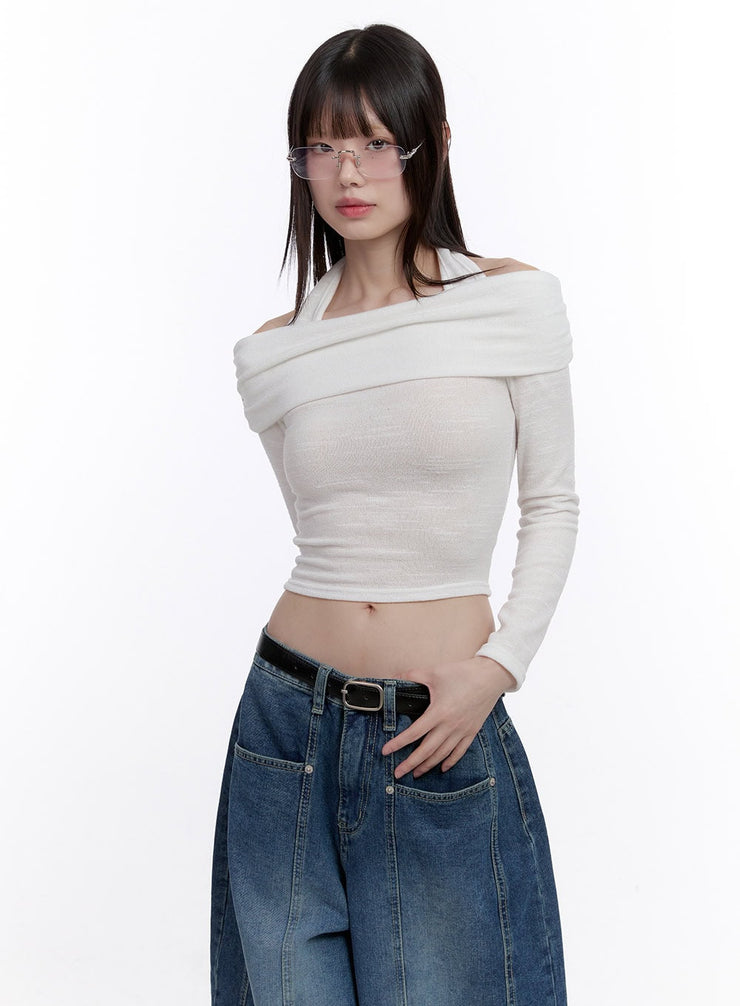 Off-Shoulder Crop Top with Halter Strap CF512