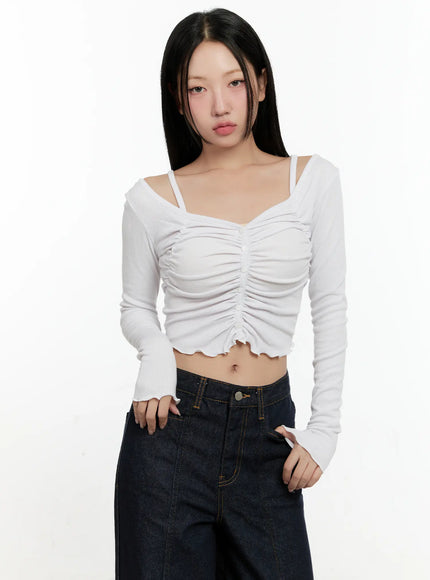 off-shoulder-ruched-long-sleeve-top-cn506 / White