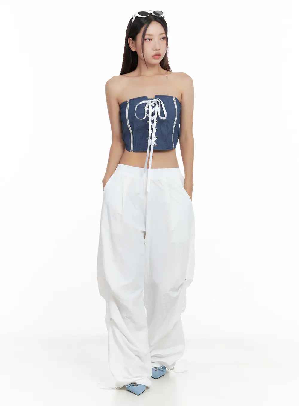 pintuck-rivet-wide-leg-joggers-cl508 / White