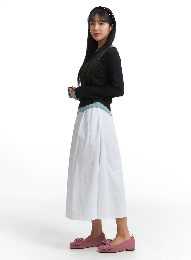 solid-elastic-waist-maxi-skirt-oj302 / White