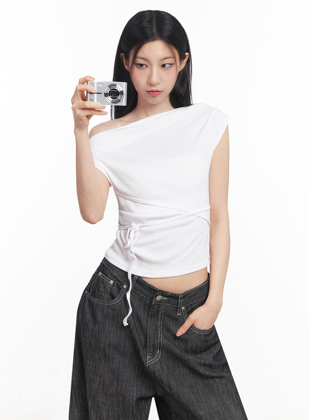 asymmetric-short-sleeve-wrap-shirt-iy516 / White