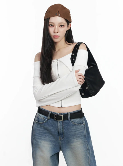 ribbed-off-shoulder-zip-up-tee-ij528 / White