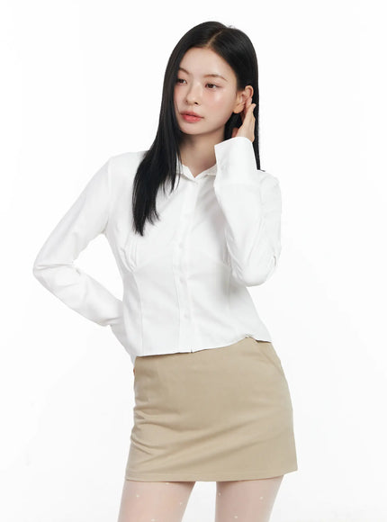 shirred-back-buckle-crop-long-sleeve-blouse-cj520 / White