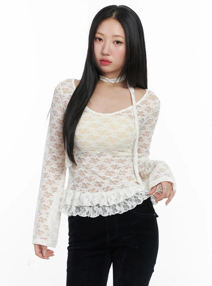 ruffle-lace-long-sleeve-top-scarf-set-cd529 / White