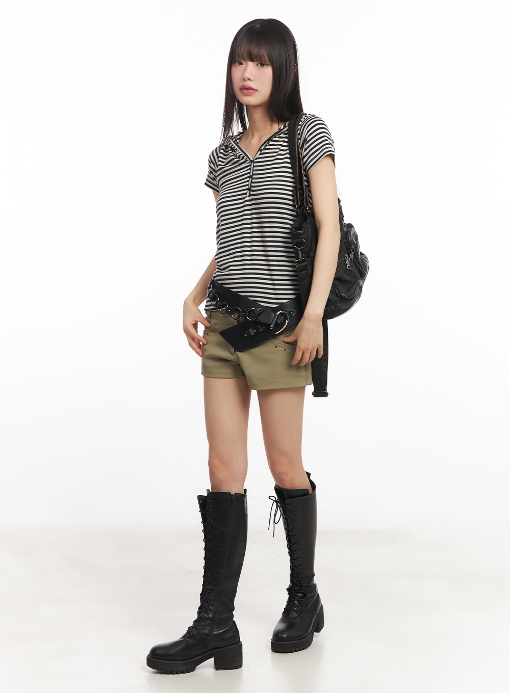 buttoned-striped-hooded-t-shirt-ca523 / White