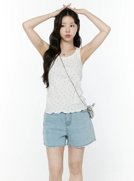 floral-ribbed-double-strap-tank-iy507 / White