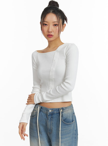 ribbed-button-long-sleeve-top-cj429 / White