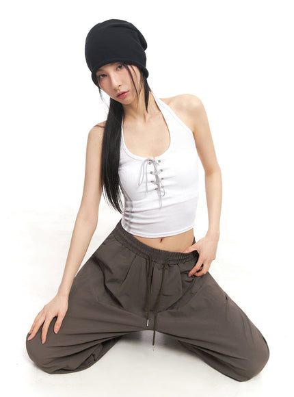 halter-lace-up-eyelet-crop-tank-top-iy529 / White