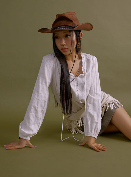 lace-trim-loose-fit-blouse-if511 / White