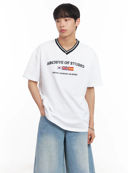 mens-v-neck-two-tone-tee-iu518 / White