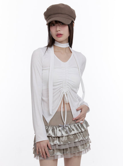 gathered-slim-fit-long-sleeve-top-cf512 / White