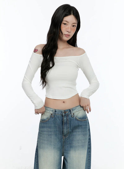 ribbed-off-shoulder-long-sleeve-cn517 / White