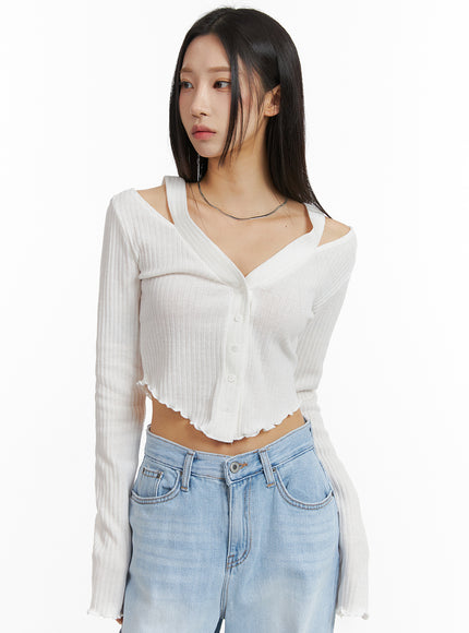 cut-out-buttoned-long-sleeve-crop-top-cj408 / White