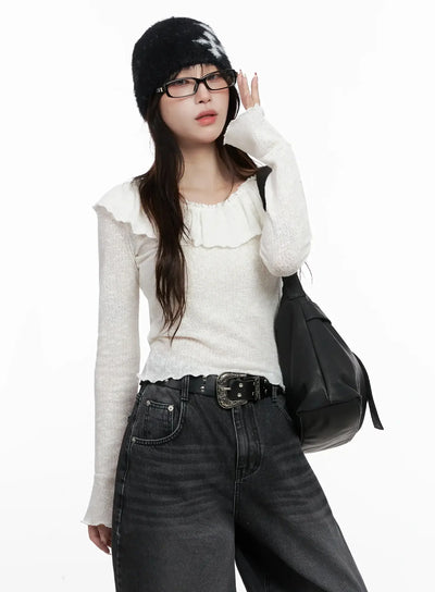 frilled-off-shoulder-long-sleeve-top-in514 / White