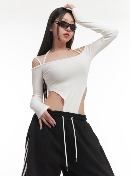halter-string-cut-out-bodysuit-top-cf525 / White