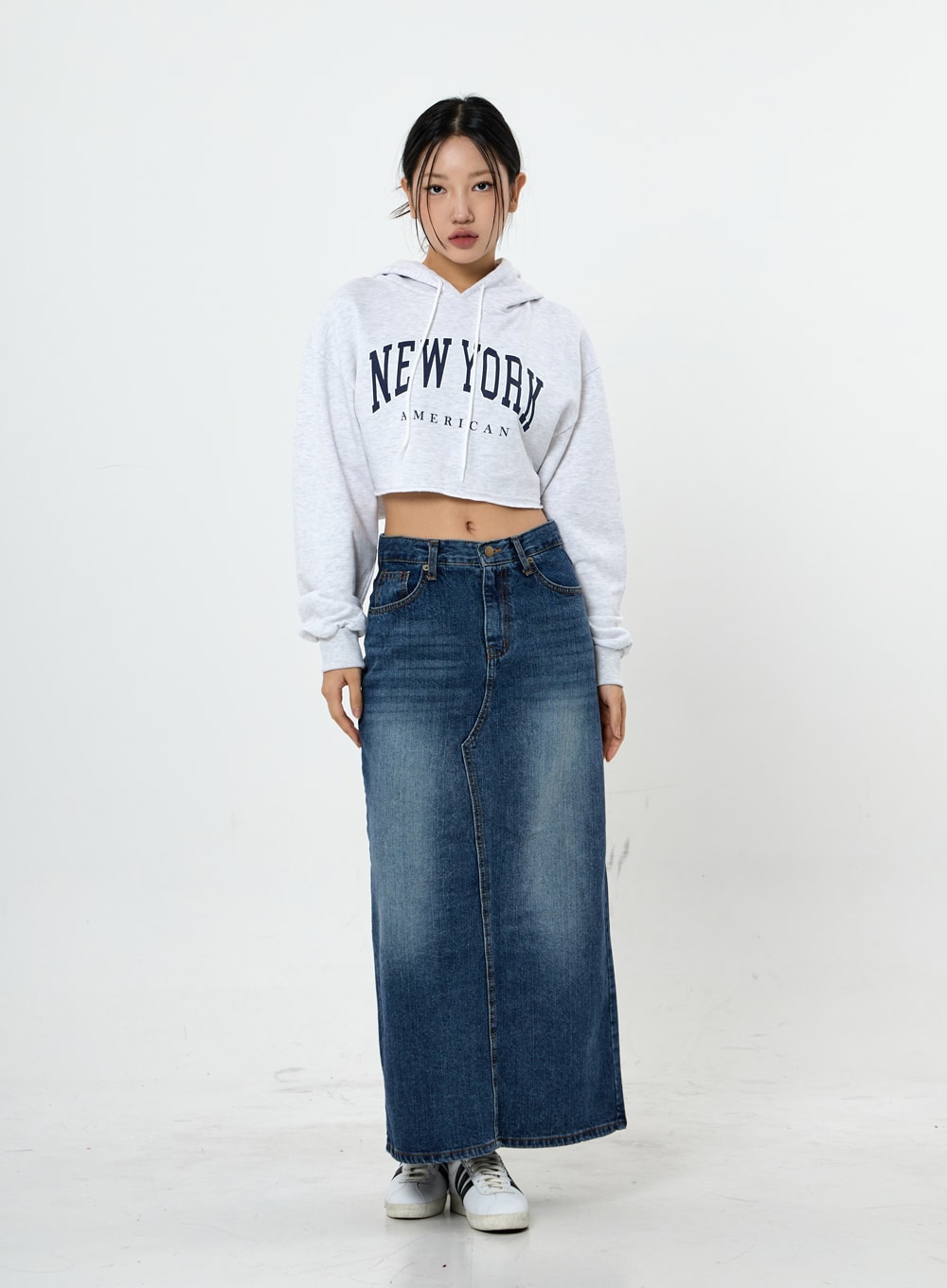 Grid Washing Long Jeans Skirt CS23