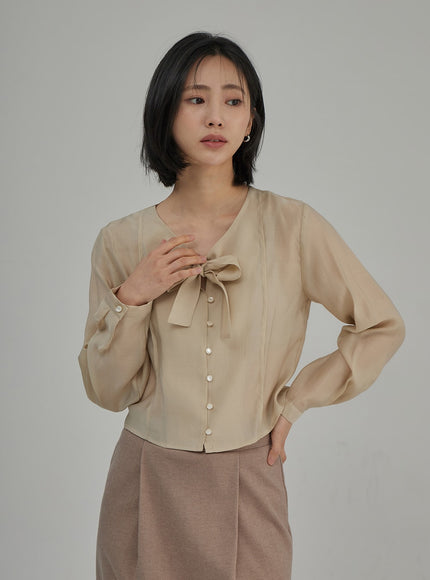 Ribbon Detail Button Cropped Blouse OJ304