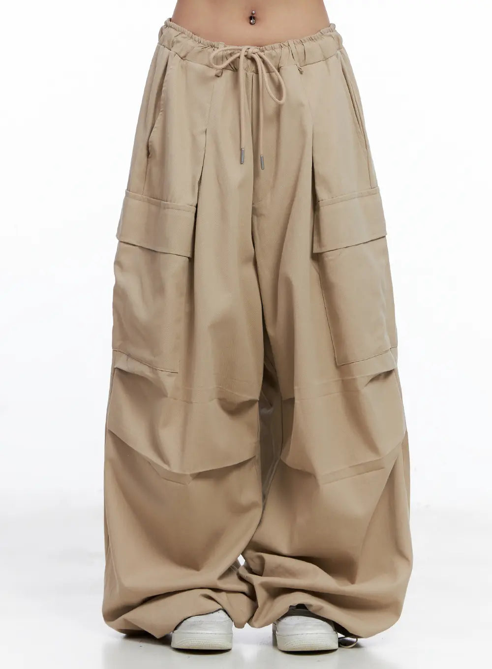 【BAON】[unisex] pintuck banding parachute wide linen P Linsennia Parachute Pants for Womens Wide Leg Cargo Pants