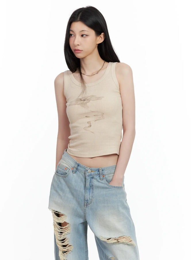 ribbed-graphic-tank-cu530 / Beige