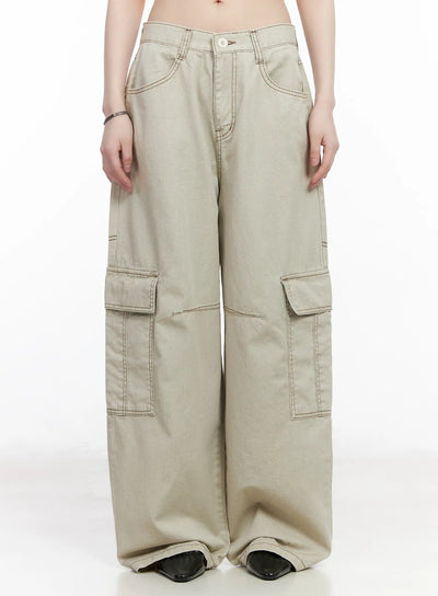 stitched-cargo-wide-leg-pants-cm526 / Beige