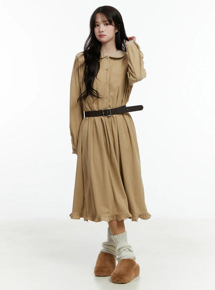 collared-corduroy-long-sleeve-maxi-dress-cd523 / Beige