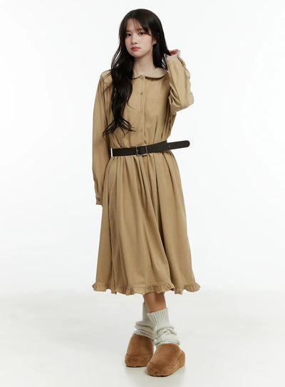 collared-corduroy-long-sleeve-maxi-dress-cd523 / Beige