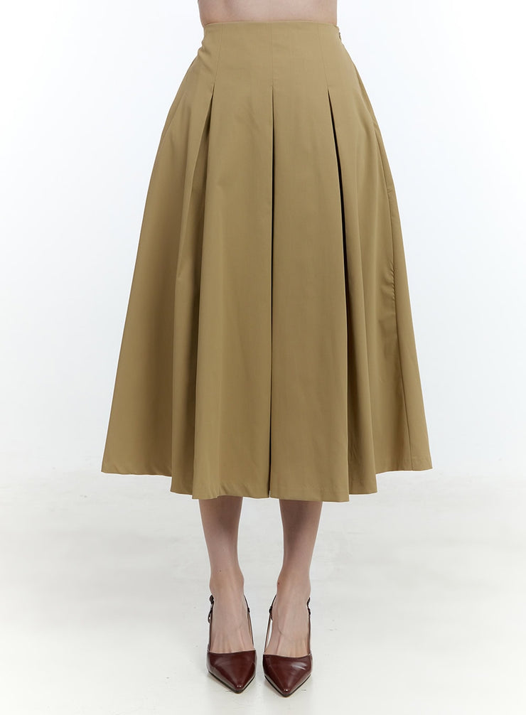 flared-pintuck-midi-skirt-cf503 / Beige