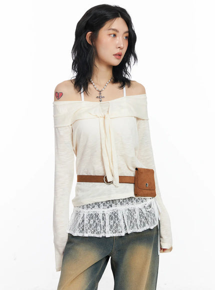 sheer-ribbon-off-shoulder-long-sleeve-top-cj522 / Beige