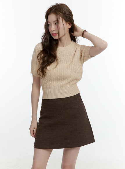 cable-knit-short-sleeve-crop-sweater-cf504 / Beige