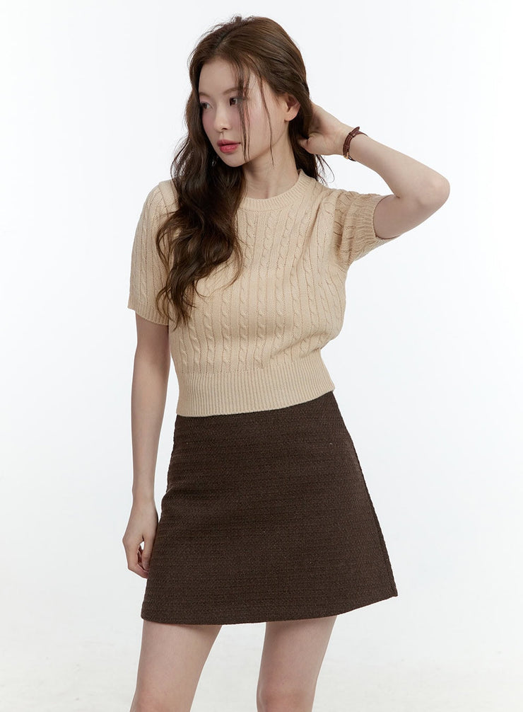 cable-knit-short-sleeve-crop-sweater-cf504 / Beige