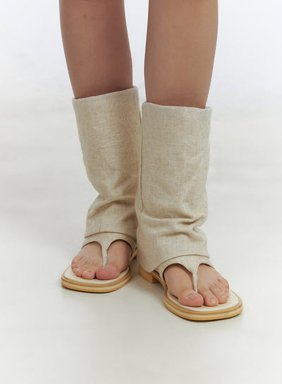 linen-open-toe-midi-boots-cl410 / Beige