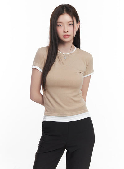 two-tone-layered-tee-cy519 / Beige
