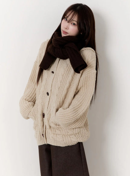 oversized-knit-button-up-hoodie-cn524 / Beige