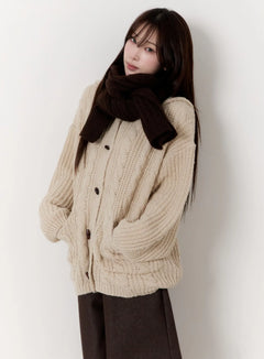 oversized-knit-button-up-hoodie-cn524 / Beige