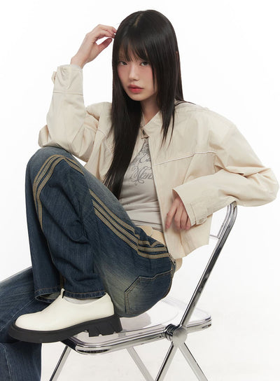 nylon-zip-up-cropped-jacket-cf518 / Beige
