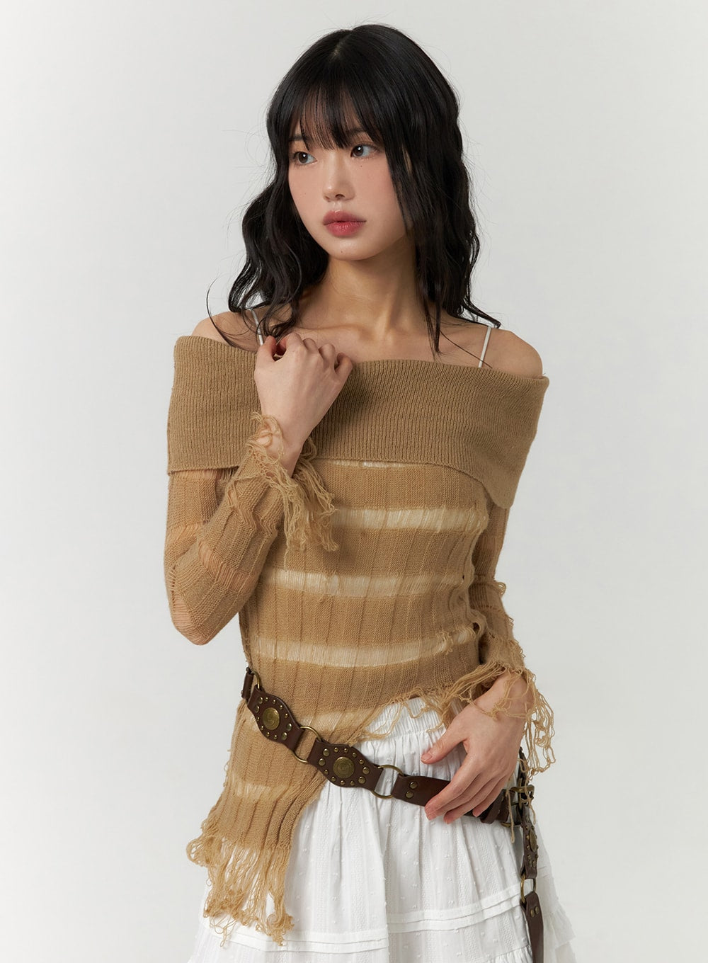 striped-ripped-knit-long-sleeve-top-cf406 / Beige