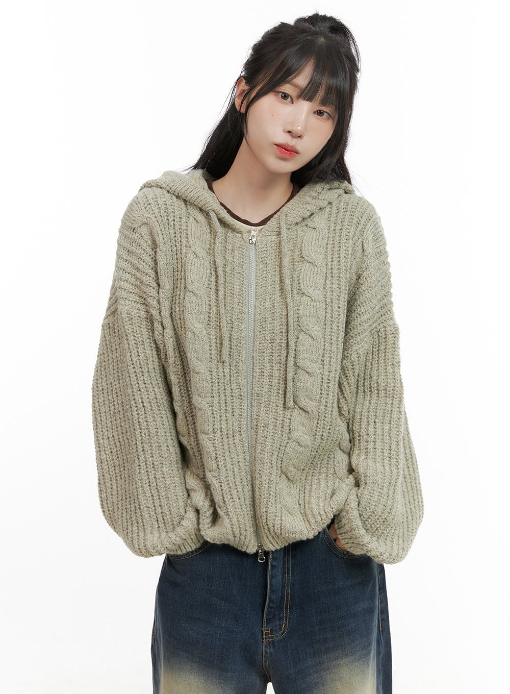 Oversized Cable Knit Zip-Up Hooded Sweater CG421 Acubi style
