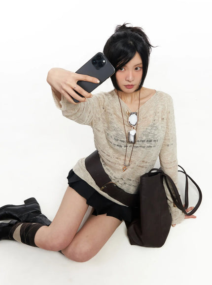 sheer-boat-neck-long-sleeve-knit-top-cm517 / Beige