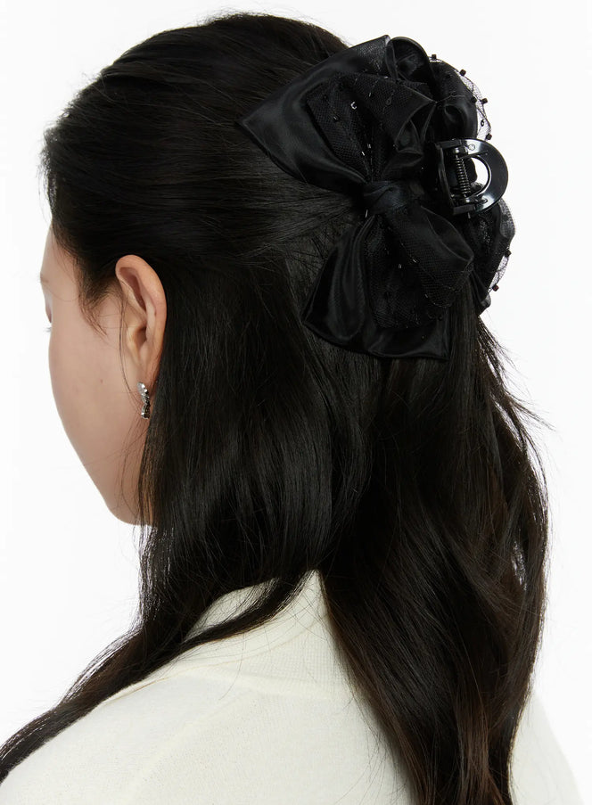 lace-beads-bow-claw-clip-f502 / Black