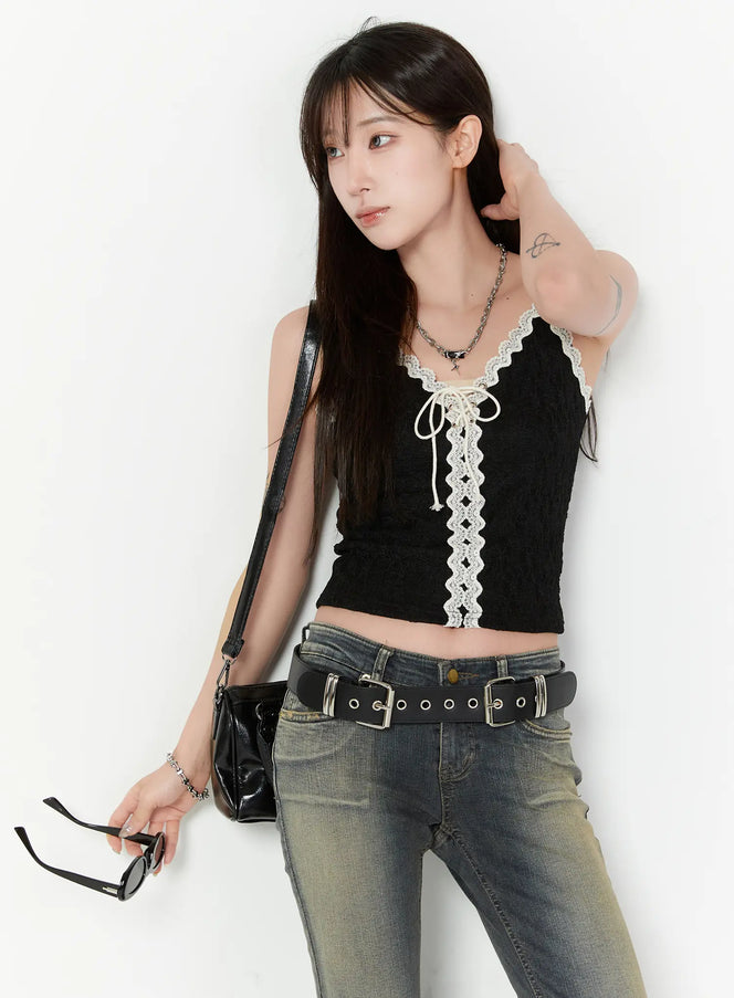 lace-trim-sleeveless-top-cy514 / Black
