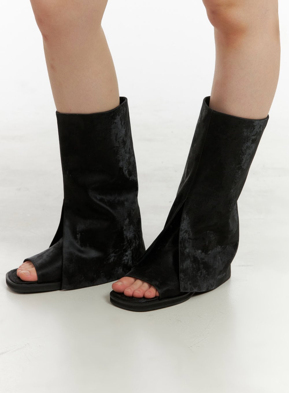 velvet-open-toe-knee-high-boots-cu425 / Black