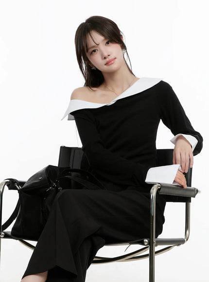 off-shoulder-contrast-long-sleeve-top-cm510 / Black