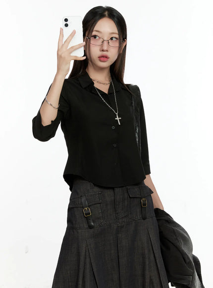 chic-black-buttoned-half-sleeve-top-cl531 / Black