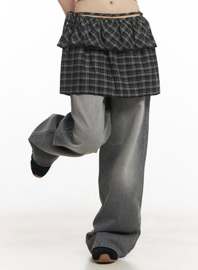 checkered-ruffle-layering-mini-skirt-cf519 / Black