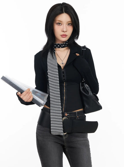 collared-corset-button-long-sleeve-top-cd1202 / Black