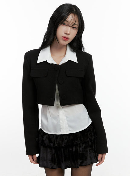 collarless-button-up-cropped-jacket-cn407 / Black