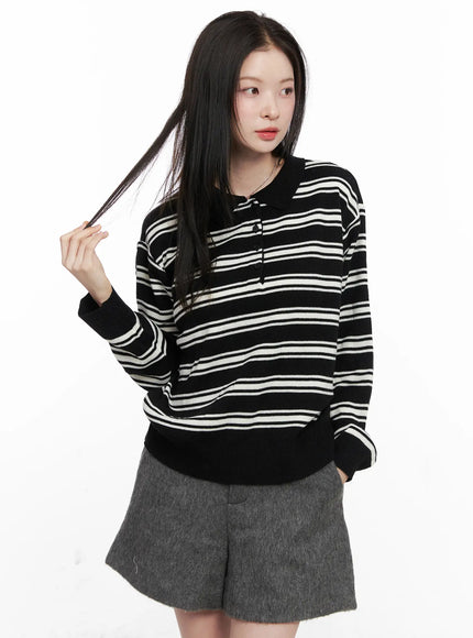 striped-henley-neck-knit-cn504 / Black