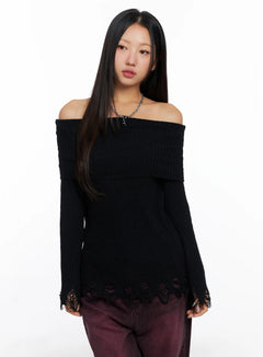 off-shoulder-distressed-knit-top-co514 / Black