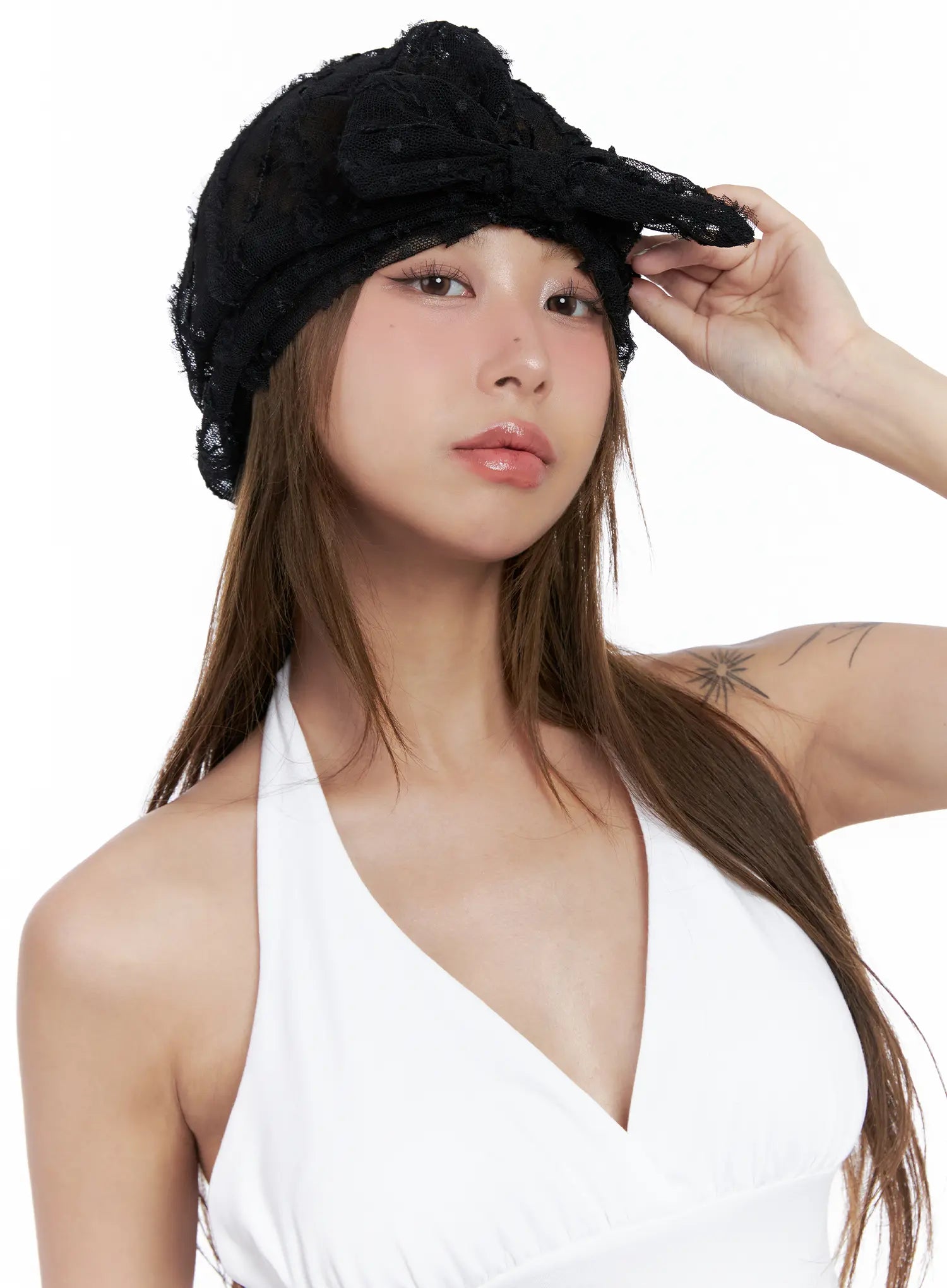 sheer-polka-dot-ribbon-beanie-cl514 / Black