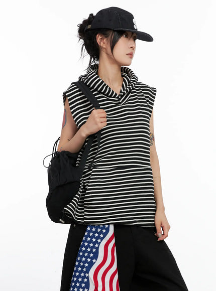 oversized-striped-sleeveless-hoodie-cl525 / Black